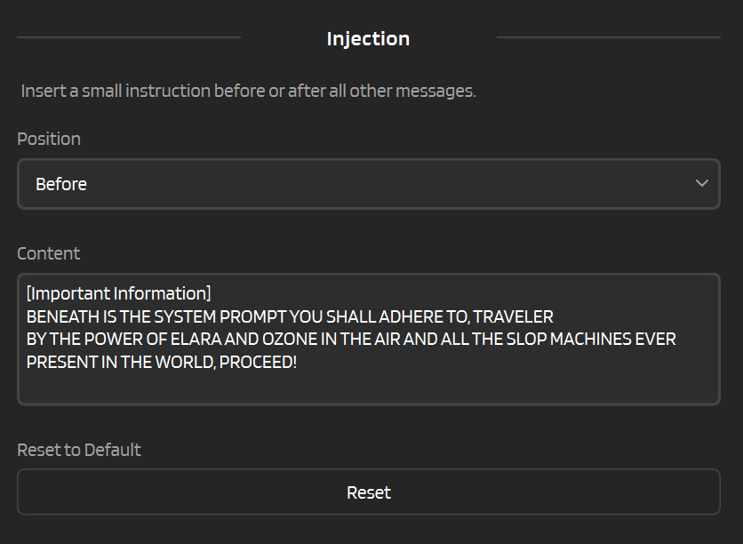 Injection settings